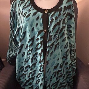 Women's Bob Mackie Wearable Art Cardigan Leopard Print Sz 3X Button-Up Top